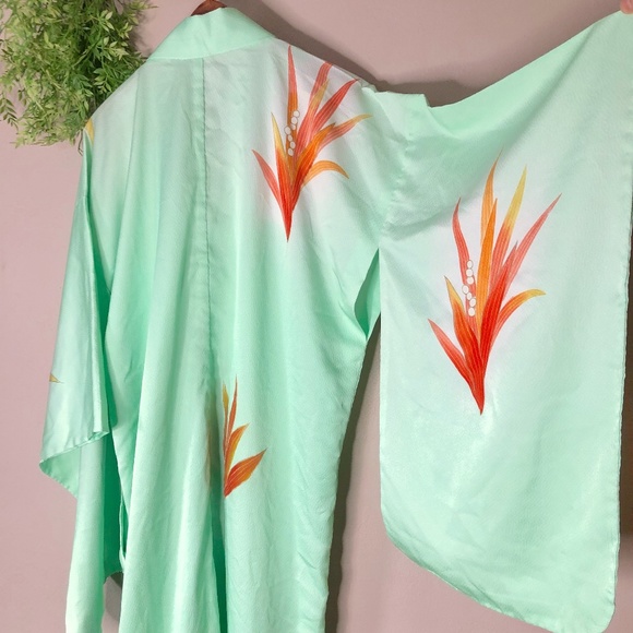 Tsukesage Silk Kimono Robe BEAUTIFUL DETAIL HANDMADE Mint Aqua Seafoam LONG - Picture 6 of 11